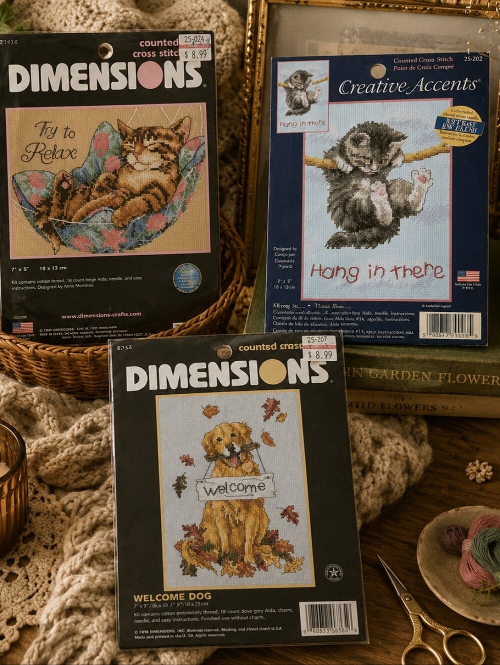 NEW Cross Stitch Lot 3 Kits Cats Dog Hang In There Try To Relax Welcome New